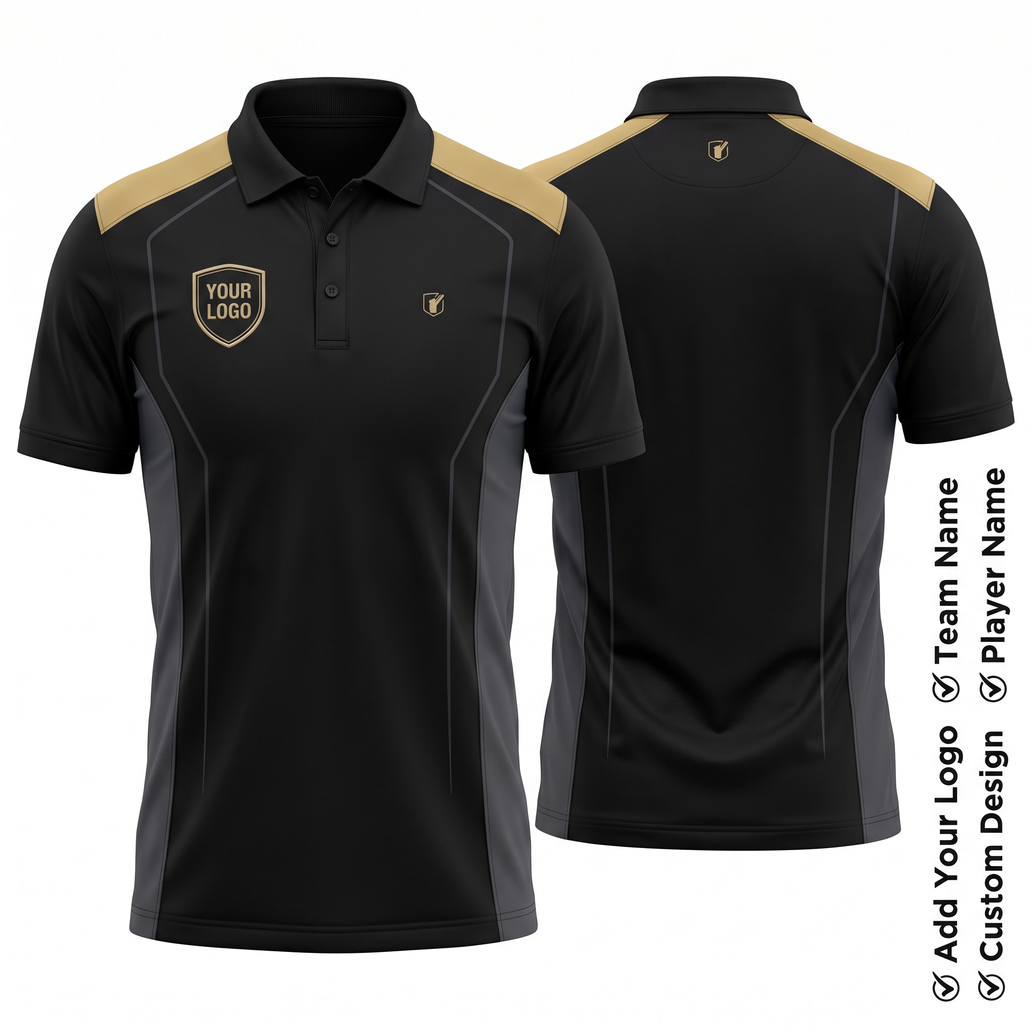 Black Gold Apex Custom Polo Shirt Front and Back with Custom Logo Premium Sublimation Team Uniform
