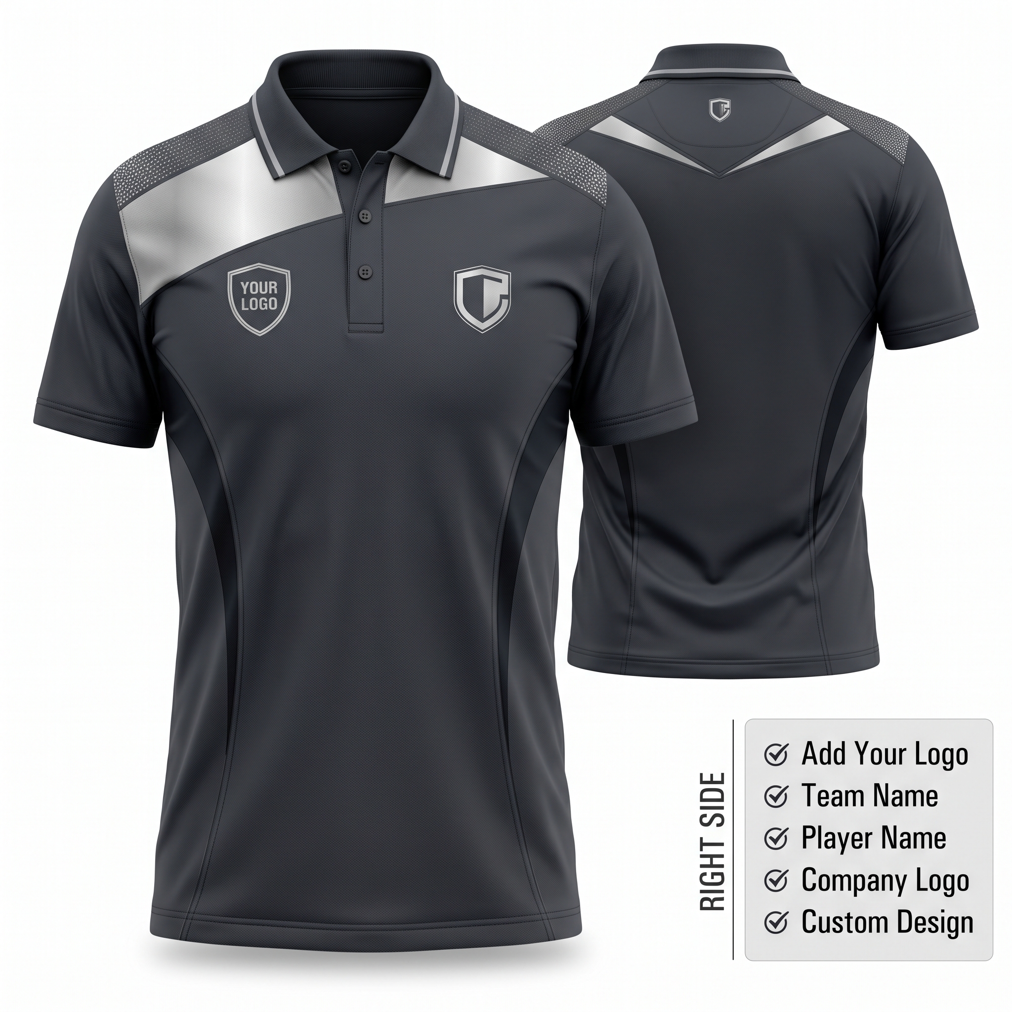 Charcoal Silver Apex Custom Polo Shirt Front and Back with Custom Logo Premium Sublimation Team Uniform