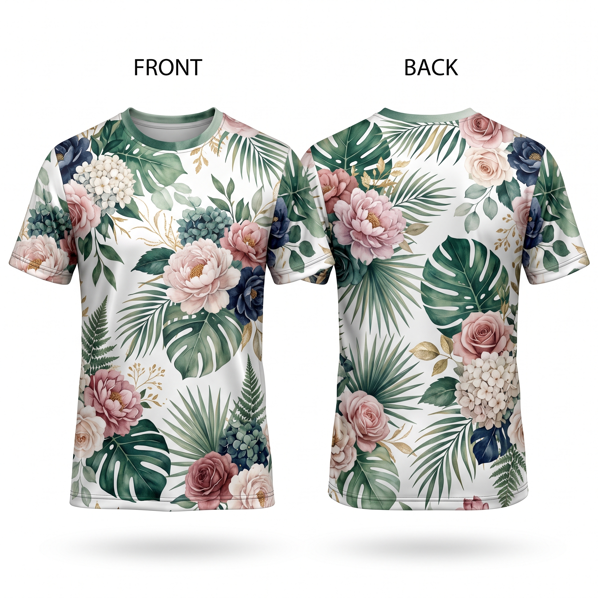 Floral Botanical Premium Sublimation T-Shirt Front and Back View