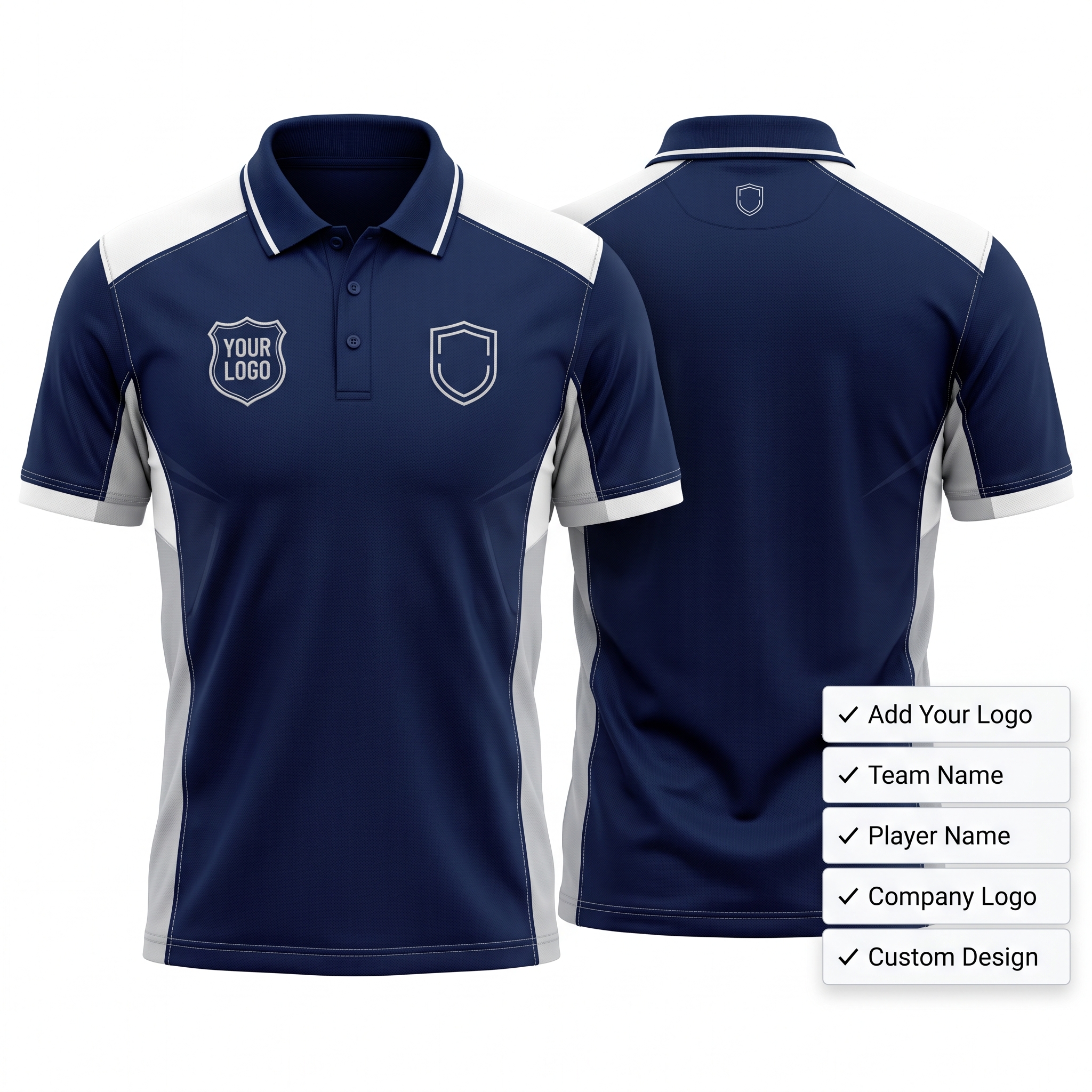 Navy Blue White Apex Custom Polo Shirt Front and Back with Custom Logo Premium Sublimation Team Uniform