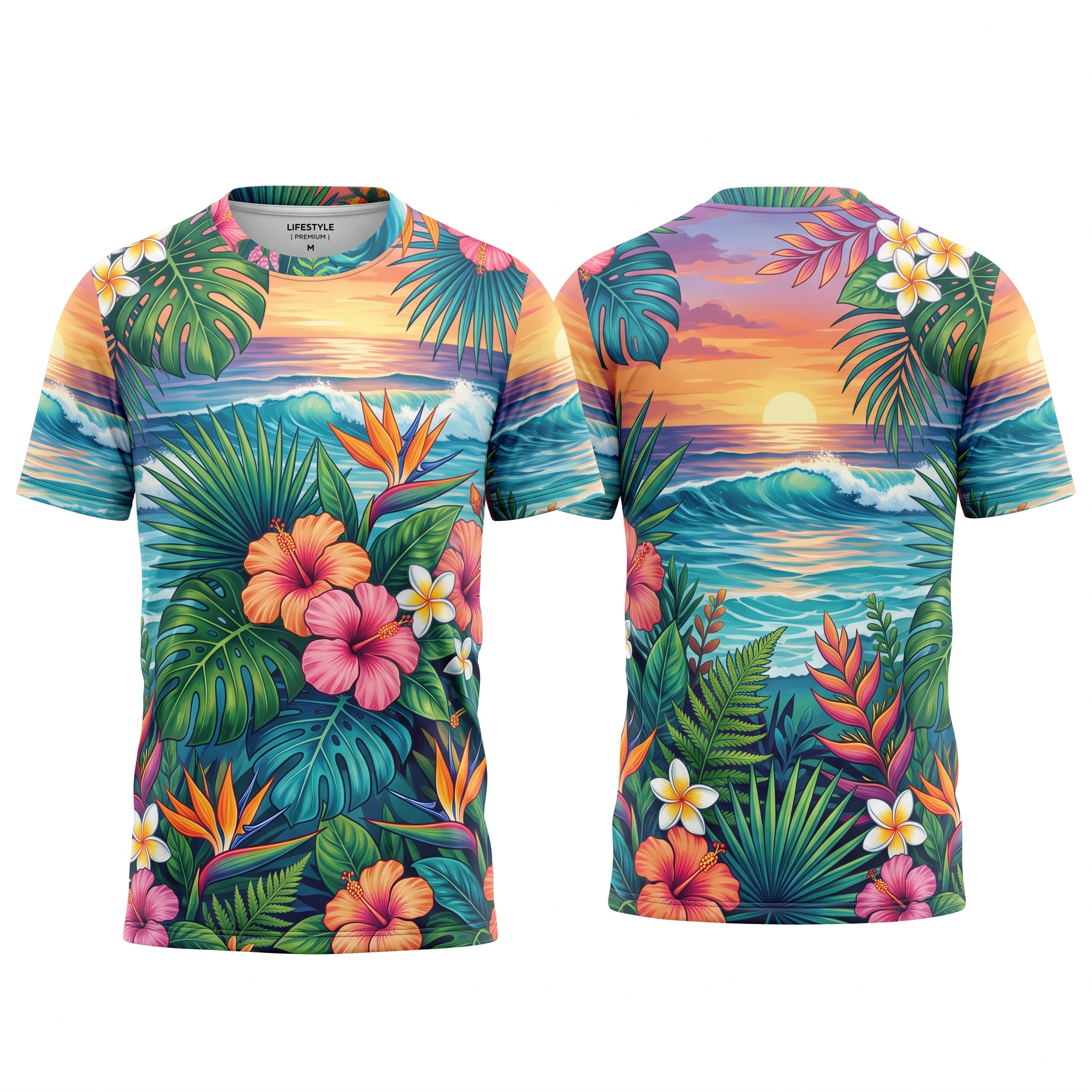 Tropical Summer Print Sublimation T-Shirt Front and Back View