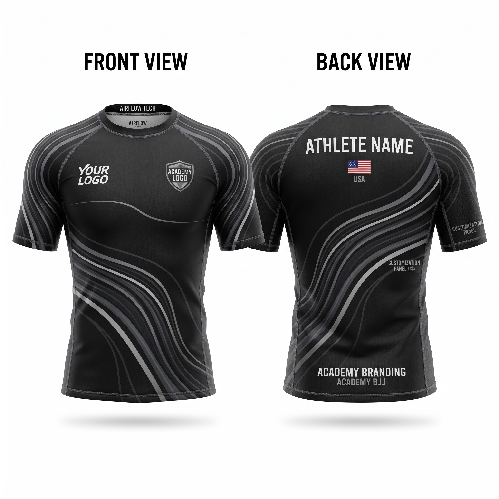 Custom BJJ Rash Guard Aero Flow half sleeve front and back by EAZINEX Sportswear