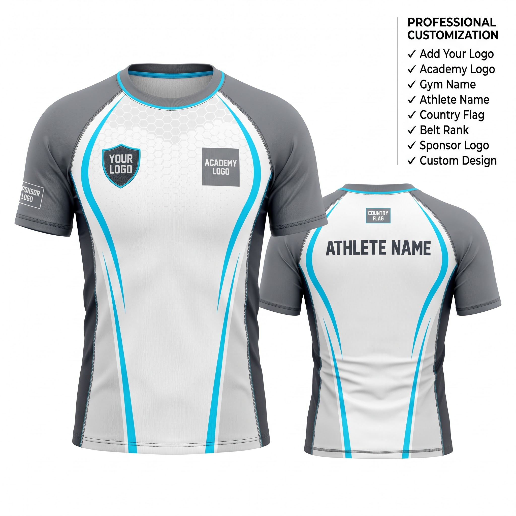 Custom BJJ Rash Guard Arctic Titanium half sleeve front and back by EAZINEX Sportswear