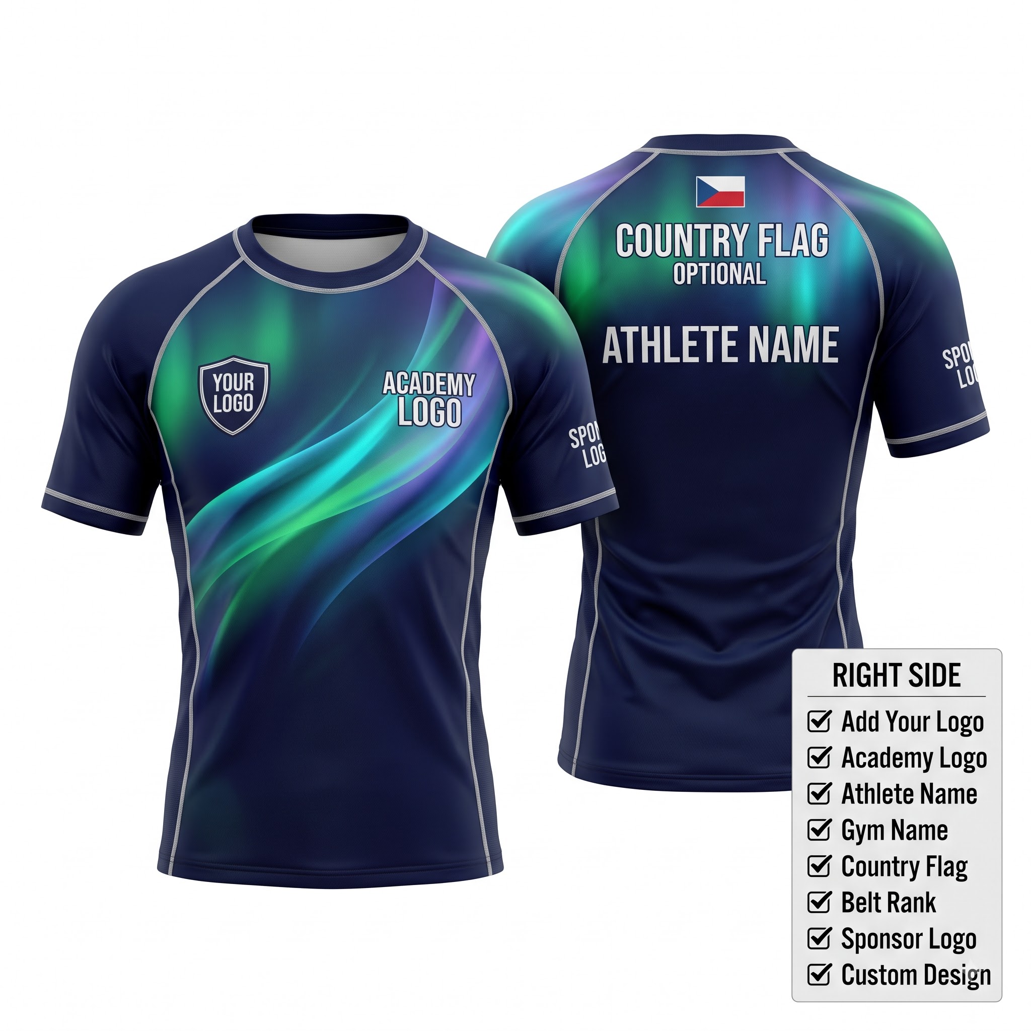 Custom BJJ Rash Guard Aurora Pulse half sleeve front and back by EAZINEX Sportswear