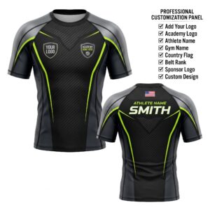 Custom BJJ Rash Guard Carbon Velocity half sleeve front and back by EAZINEX Sportswear