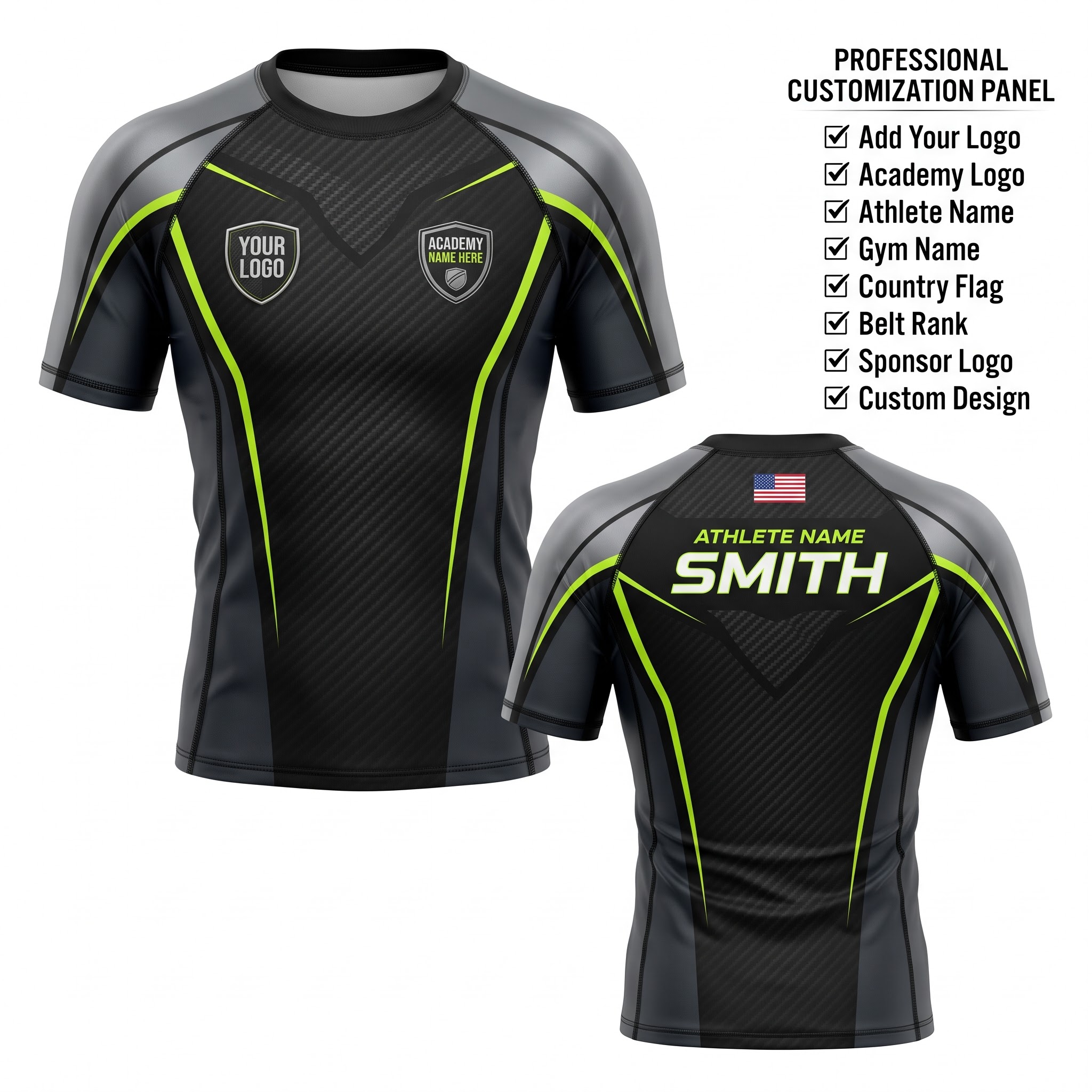 Custom BJJ Rash Guard Carbon Velocity half sleeve front and back by EAZINEX Sportswear