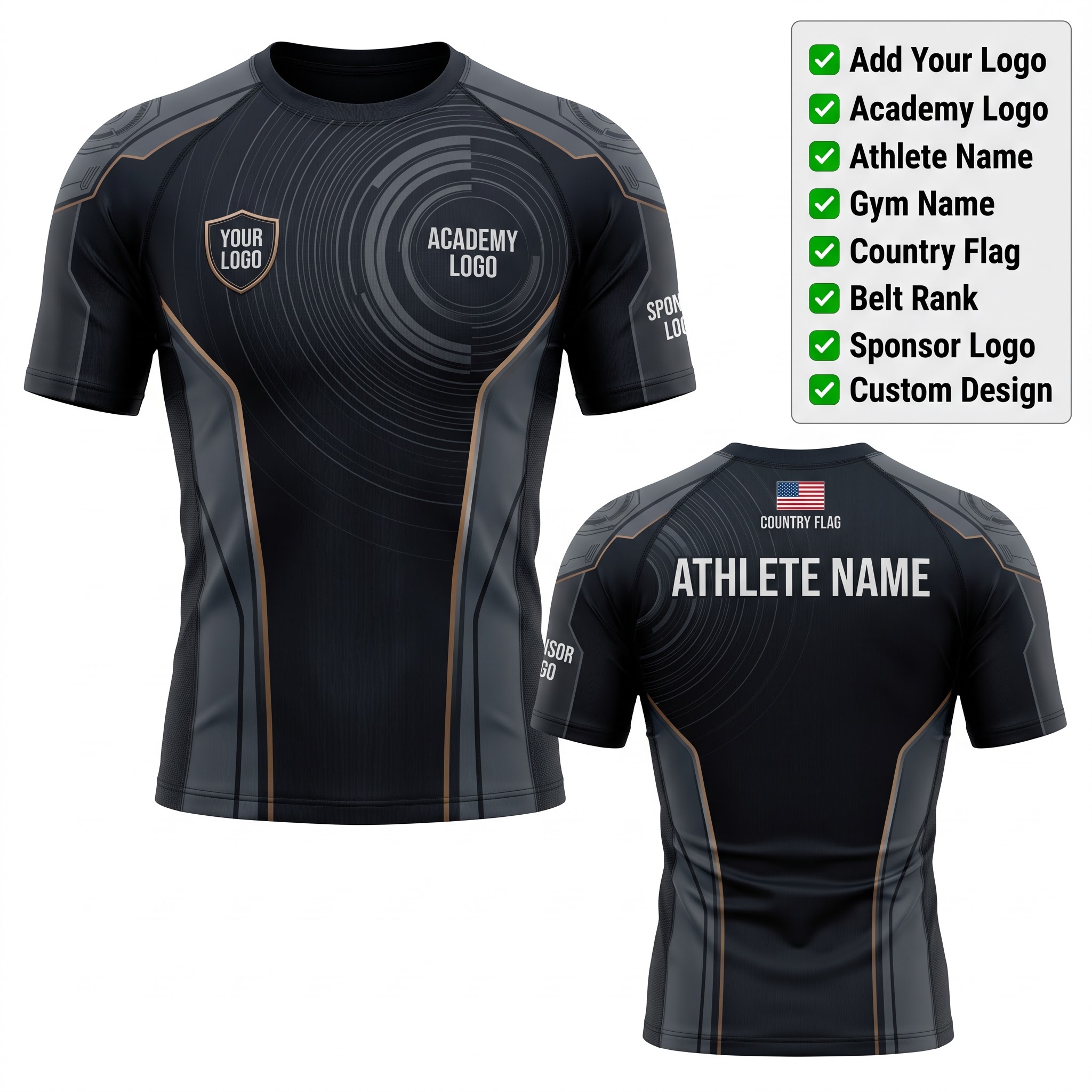 Custom BJJ Rash Guard Chrono Fusion half sleeve front and back by EAZINEX Sportswear