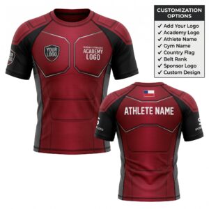 Custom BJJ Rash Guard Crimson Shogun half sleeve front and back by EAZINEX Sportswear