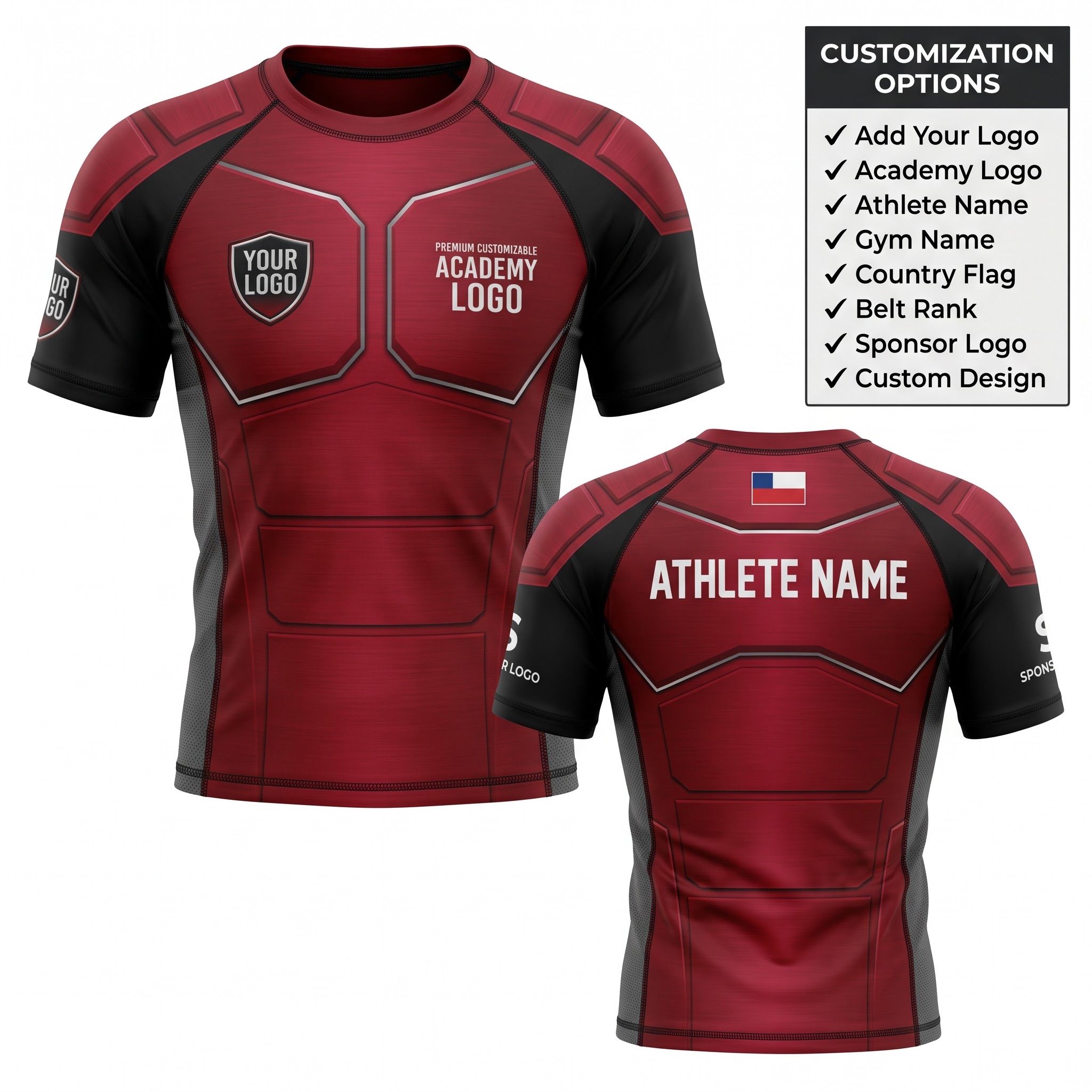 Custom BJJ Rash Guard Crimson Shogun half sleeve front and back by EAZINEX Sportswear