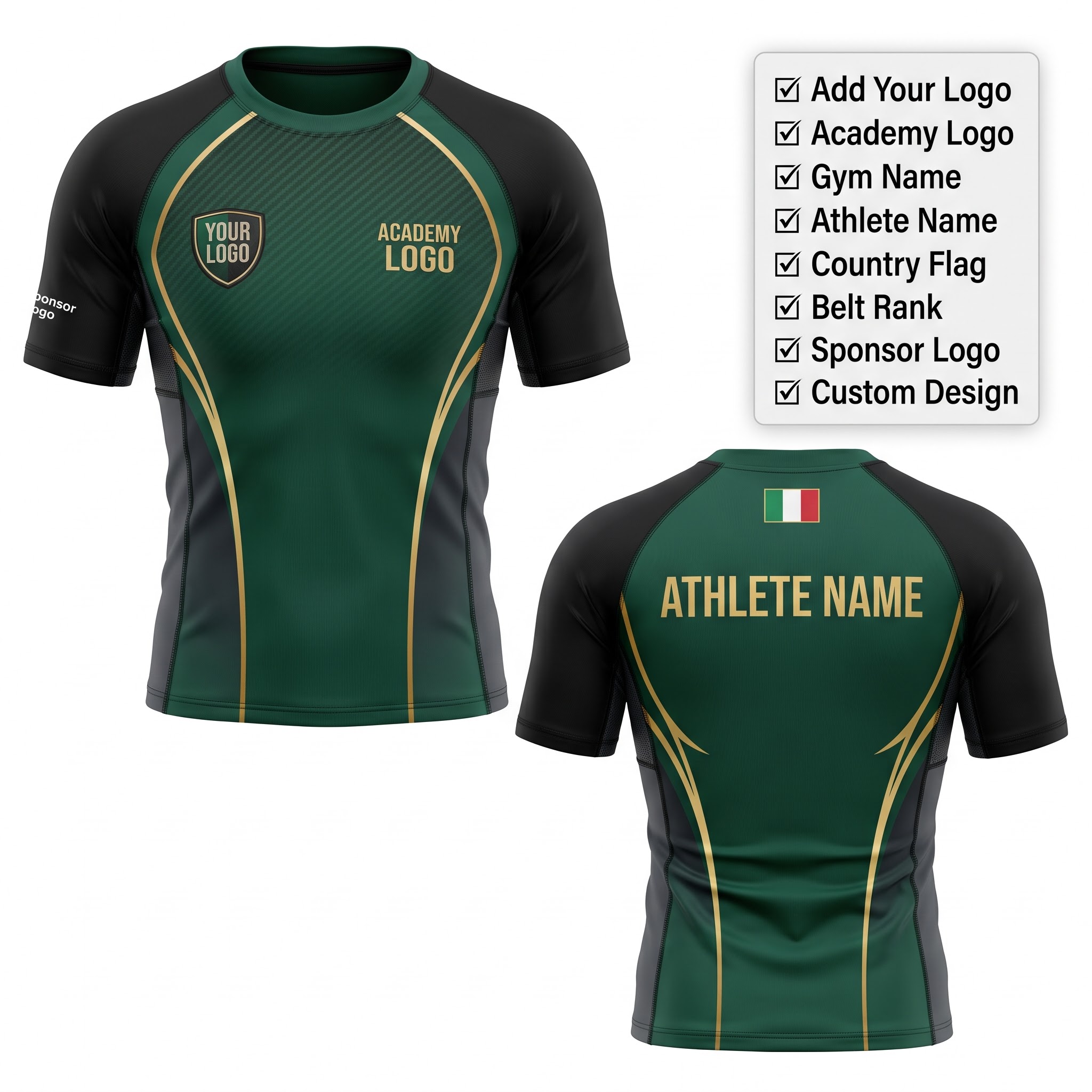 Custom BJJ Rash Guard Emerald Phantom half sleeve front and back by EAZINEX Sportswear