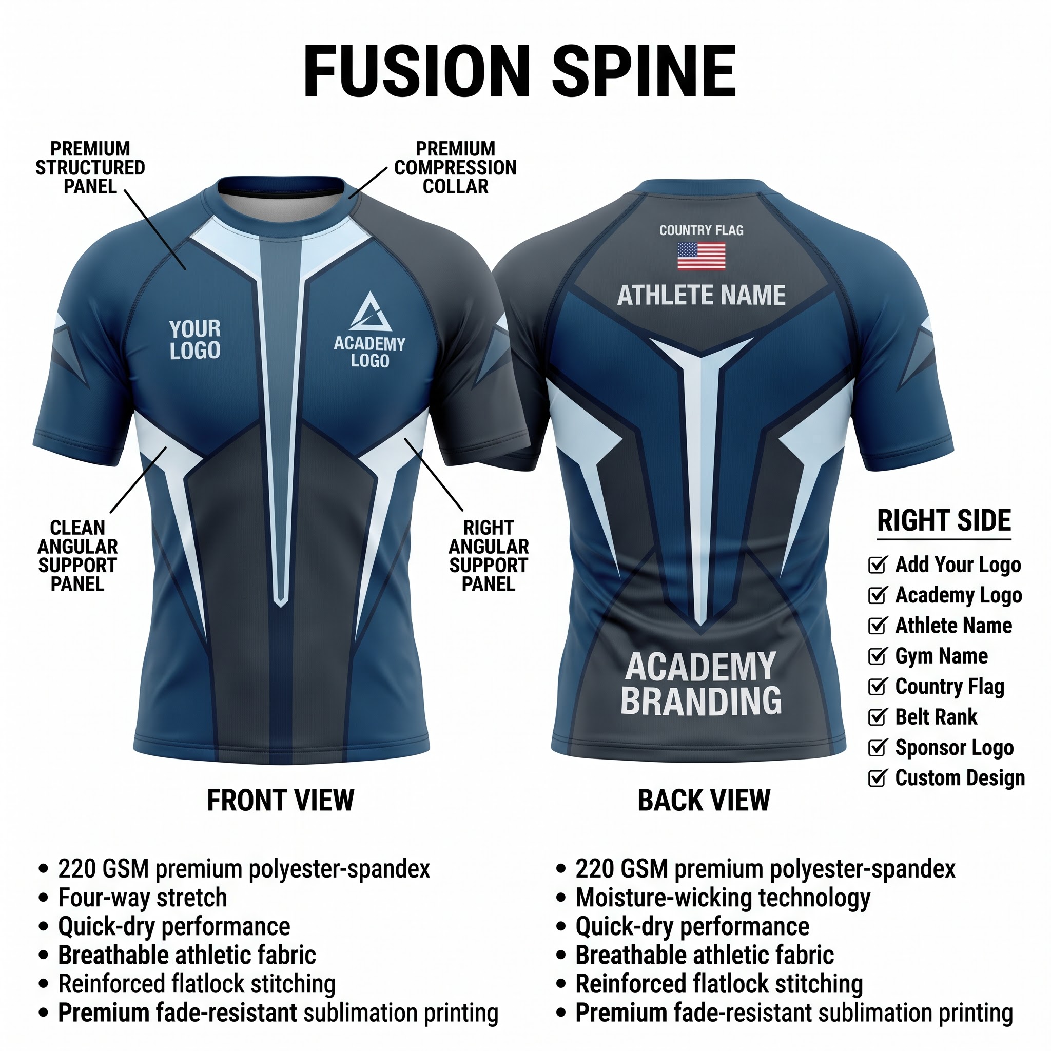 Custom BJJ Rash Guard Fusion Spine half sleeve front and back by EAZINEX Sportswear
