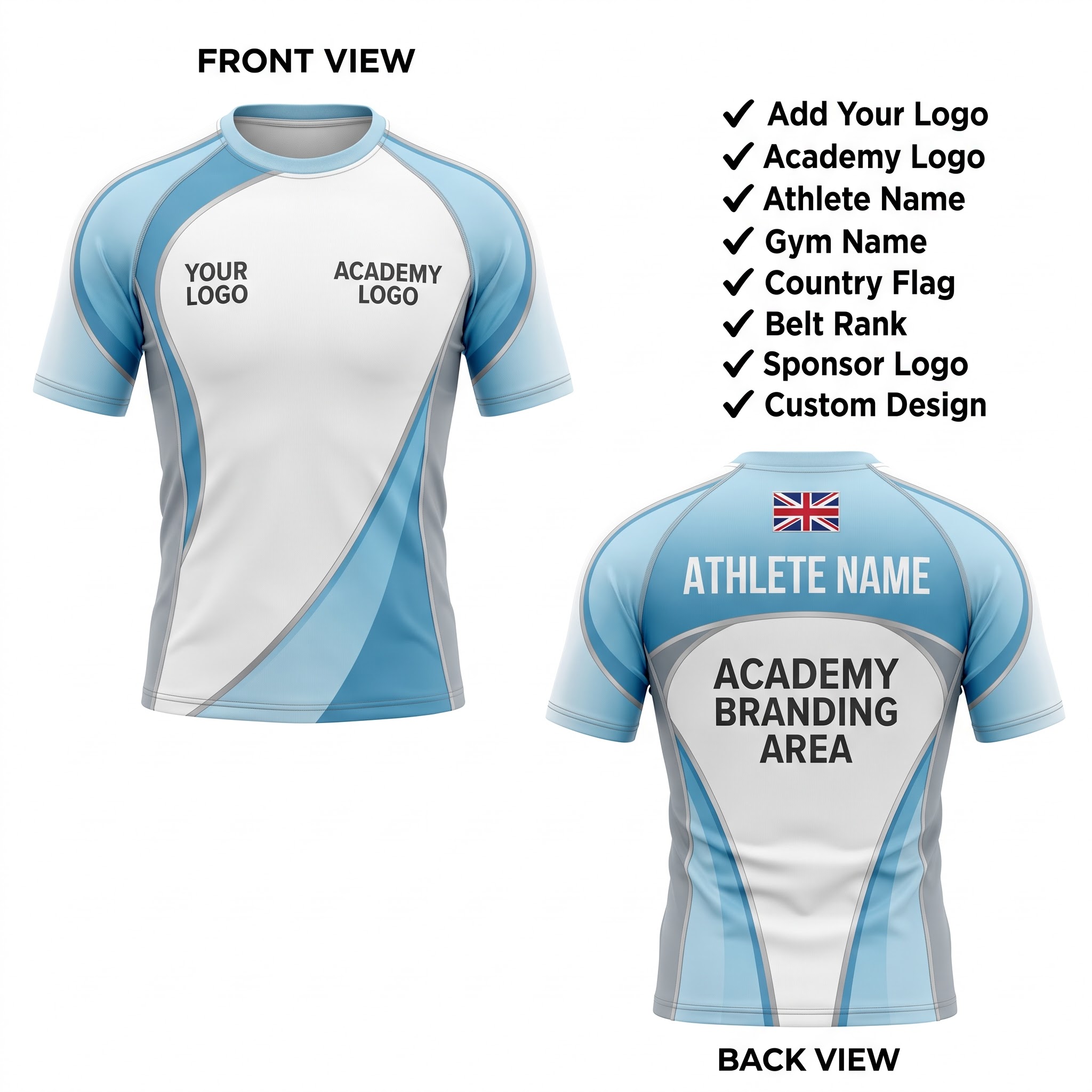 Custom BJJ Rash Guard Glacier Strike half sleeve front and back by EAZINEX Sportswear
