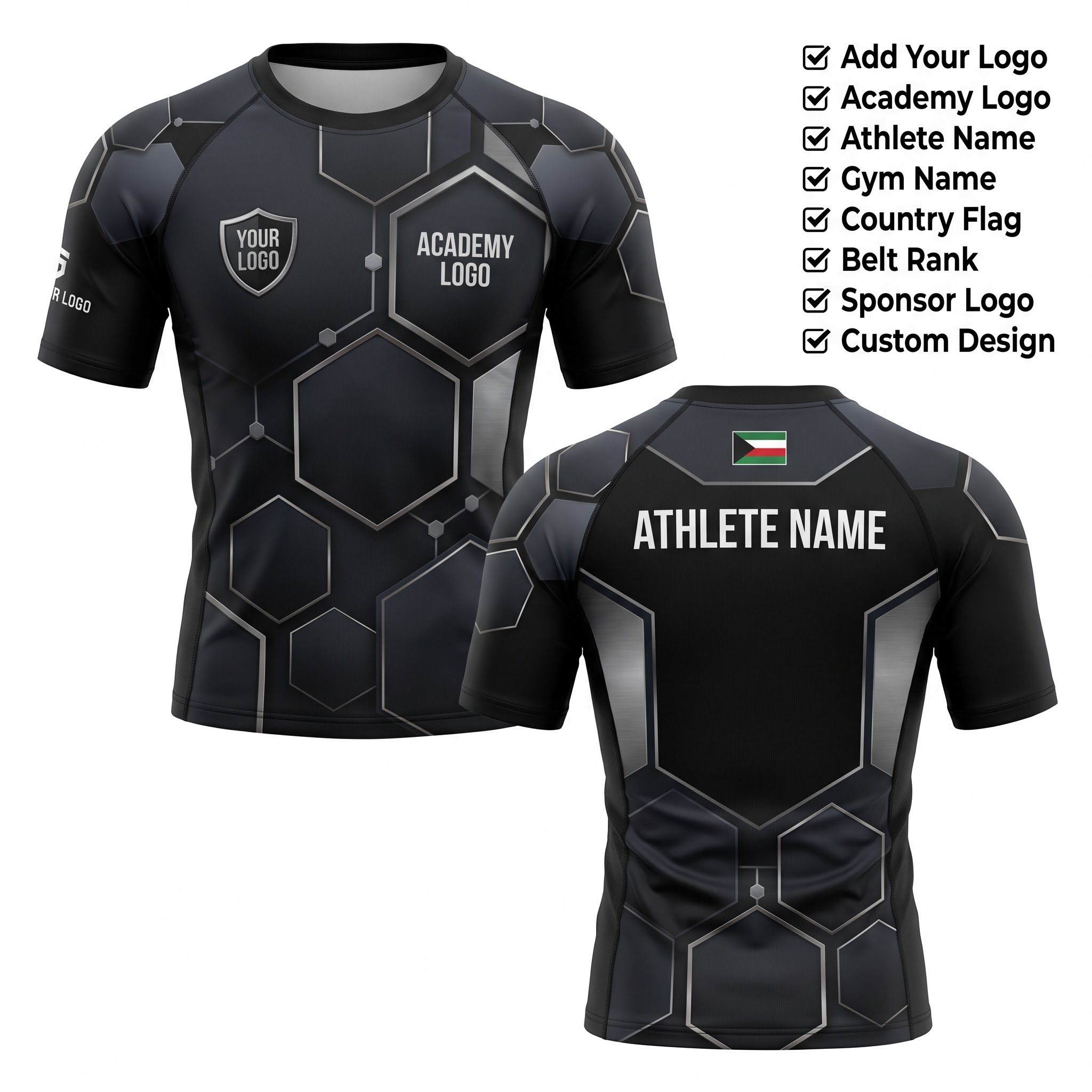 Custom BJJ Rash Guard Hexa Forge half sleeve front and back by EAZINEX Sportswear
