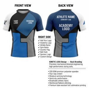Custom BJJ Rash Guard Kinetic Lock half sleeve front and back by EAZINEX Sportswear