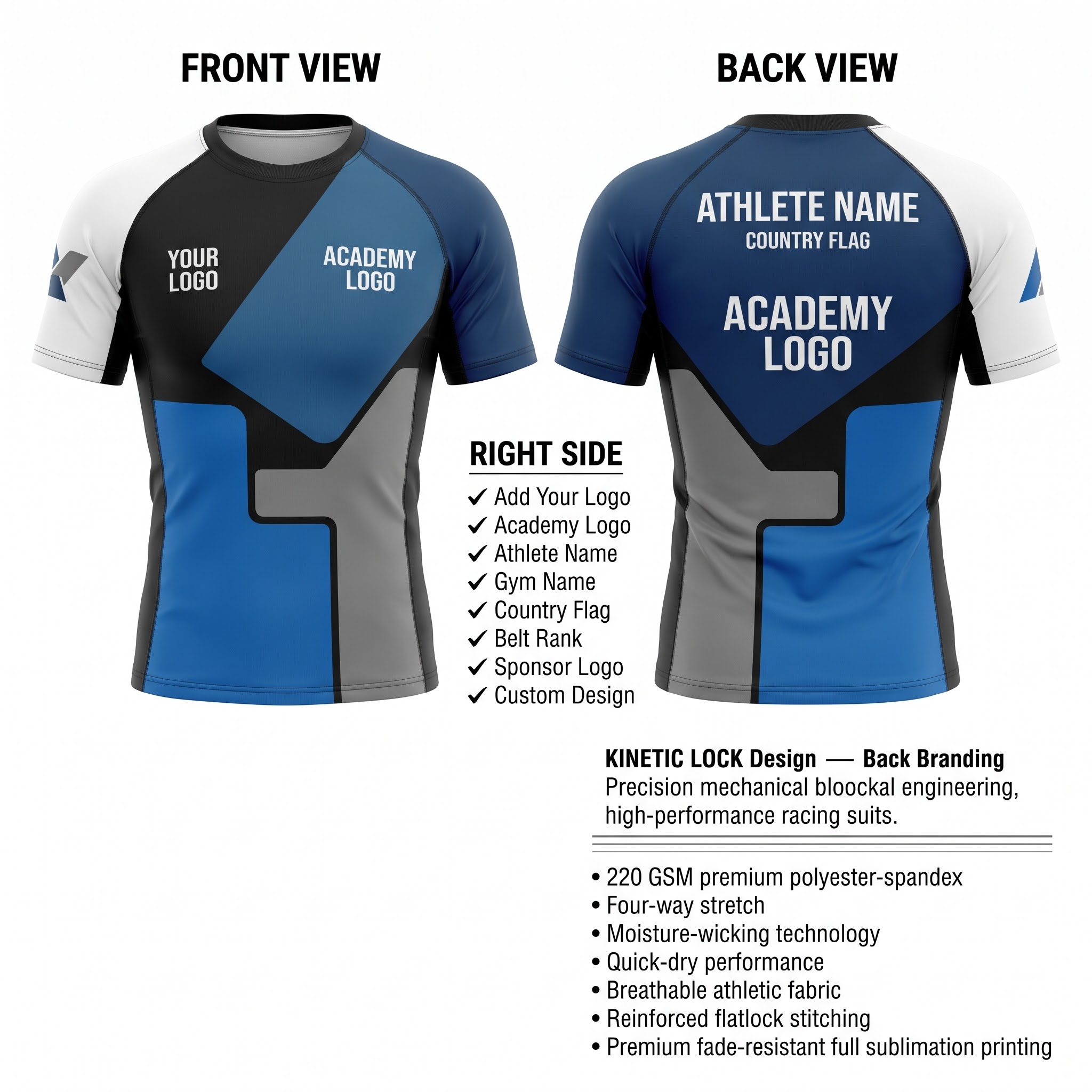 Custom BJJ Rash Guard Kinetic Lock half sleeve front and back by EAZINEX Sportswear