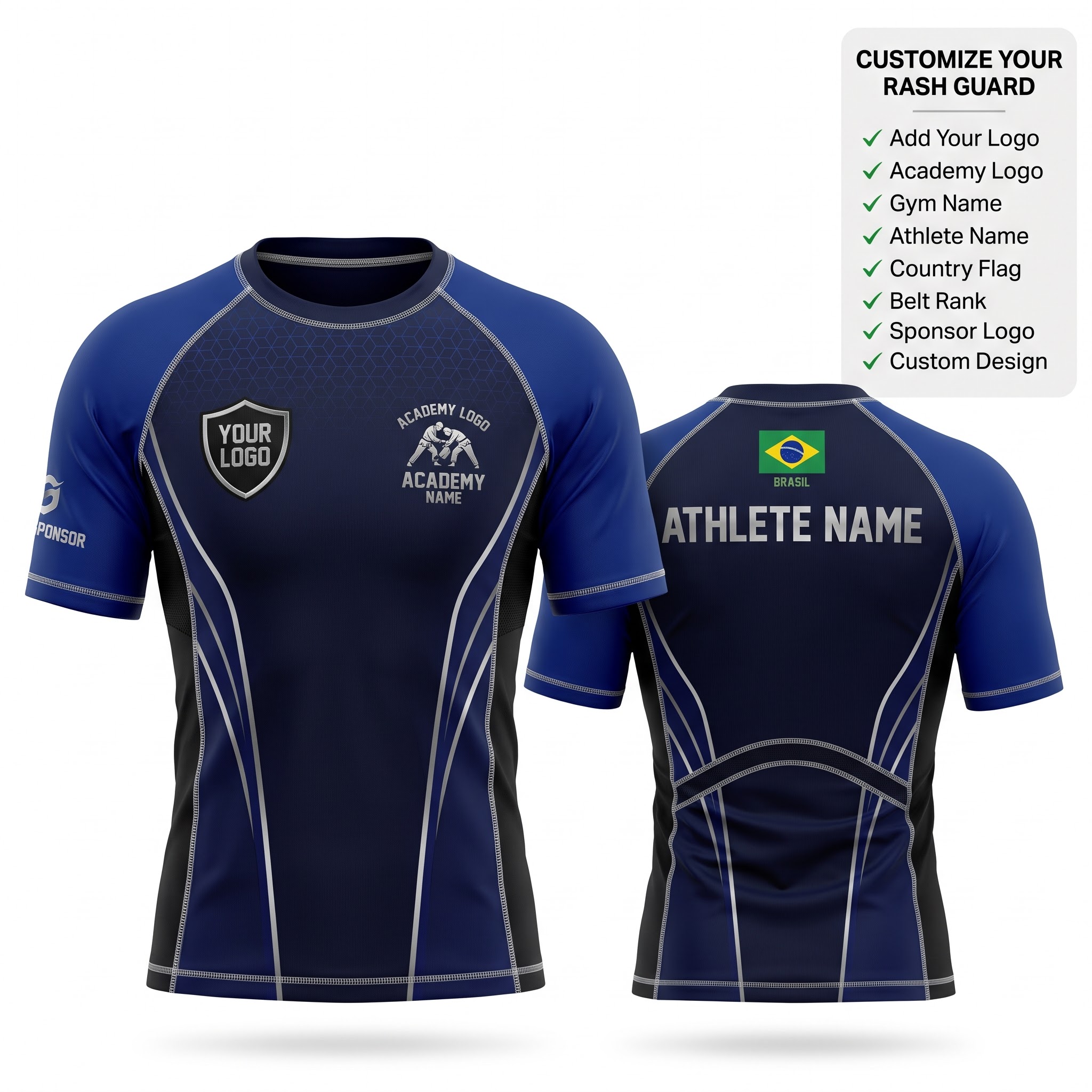 Custom BJJ Rash Guard Midnight Cobalt half sleeve front and back by EAZINEX Sportswear