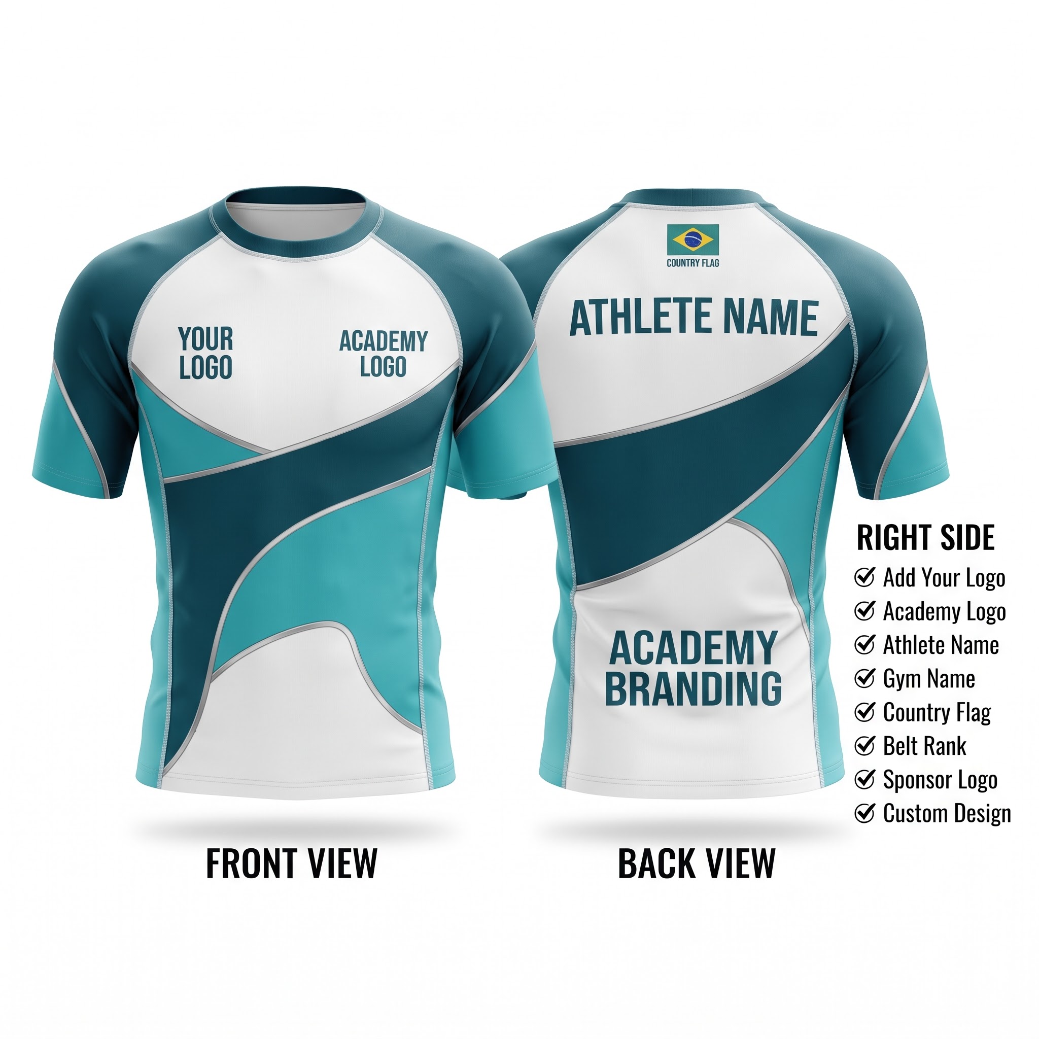 Custom BJJ Rash Guard Ocean Velocity half sleeve front and back by EAZINEX Sportswear