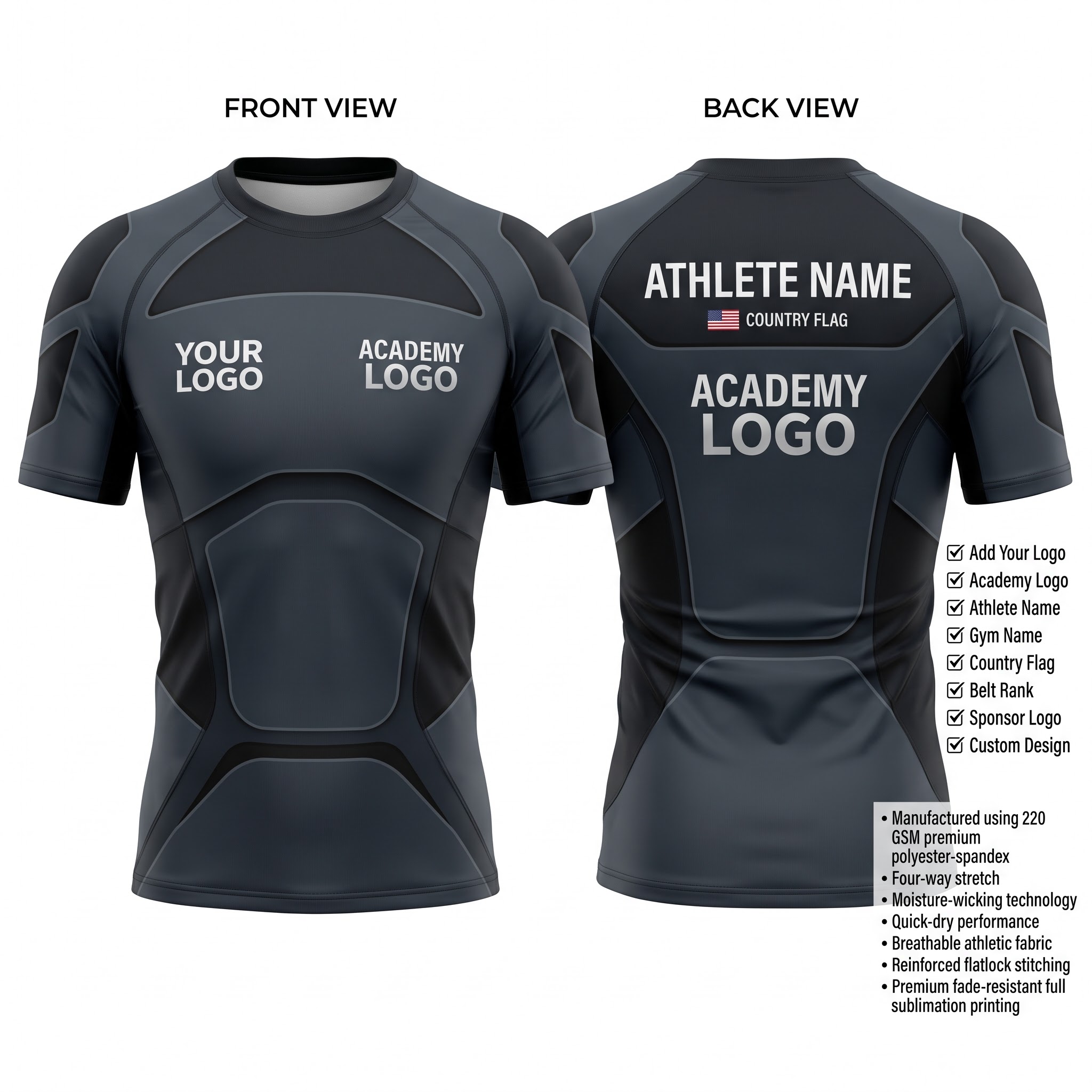 Custom BJJ Rash Guard Orbital Cut half sleeve front and back by EAZINEX Sportswear