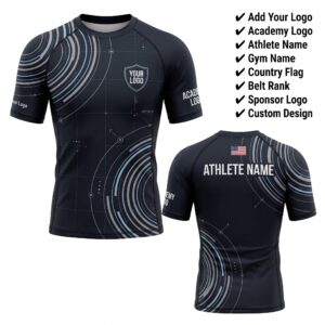 Custom BJJ Rash Guard Orbital Grid half sleeve front and back by EAZINEX Sportswear