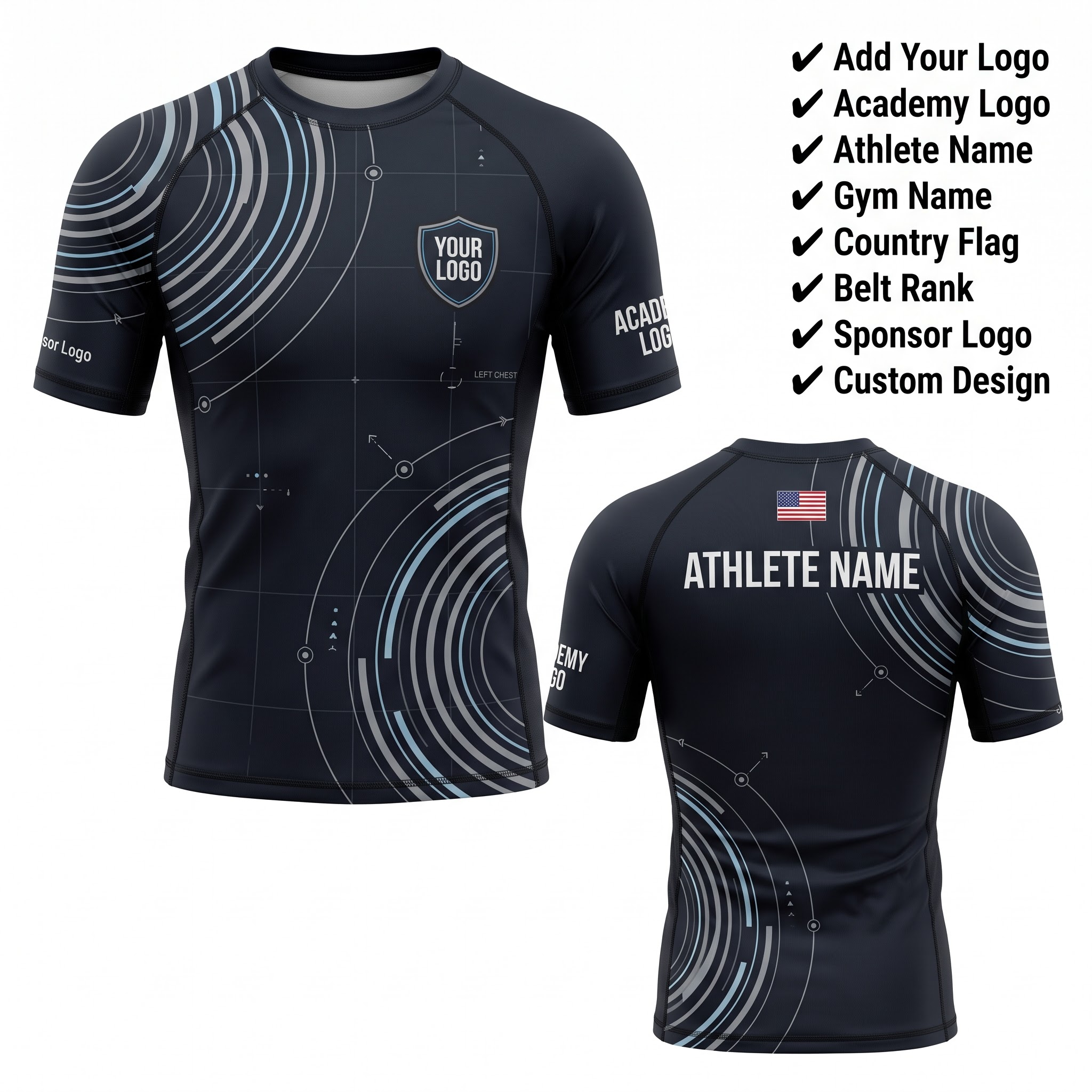 Custom BJJ Rash Guard Orbital Grid half sleeve front and back by EAZINEX Sportswear