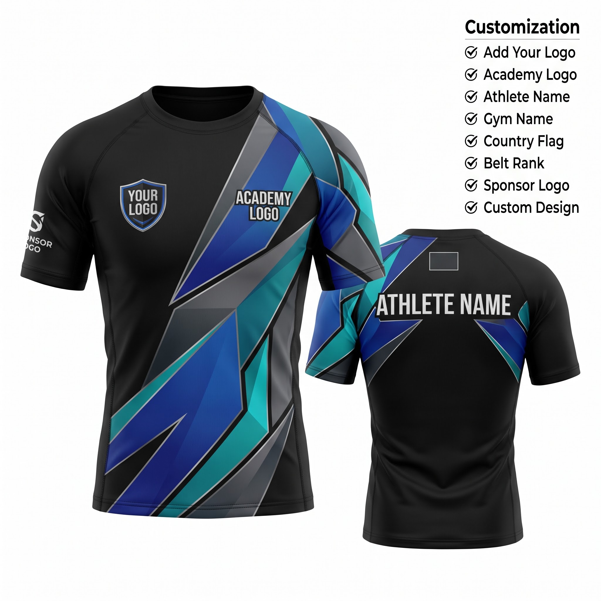 Custom BJJ Rash Guard Prism Velocity half sleeve front and back by EAZINEX Sportswear