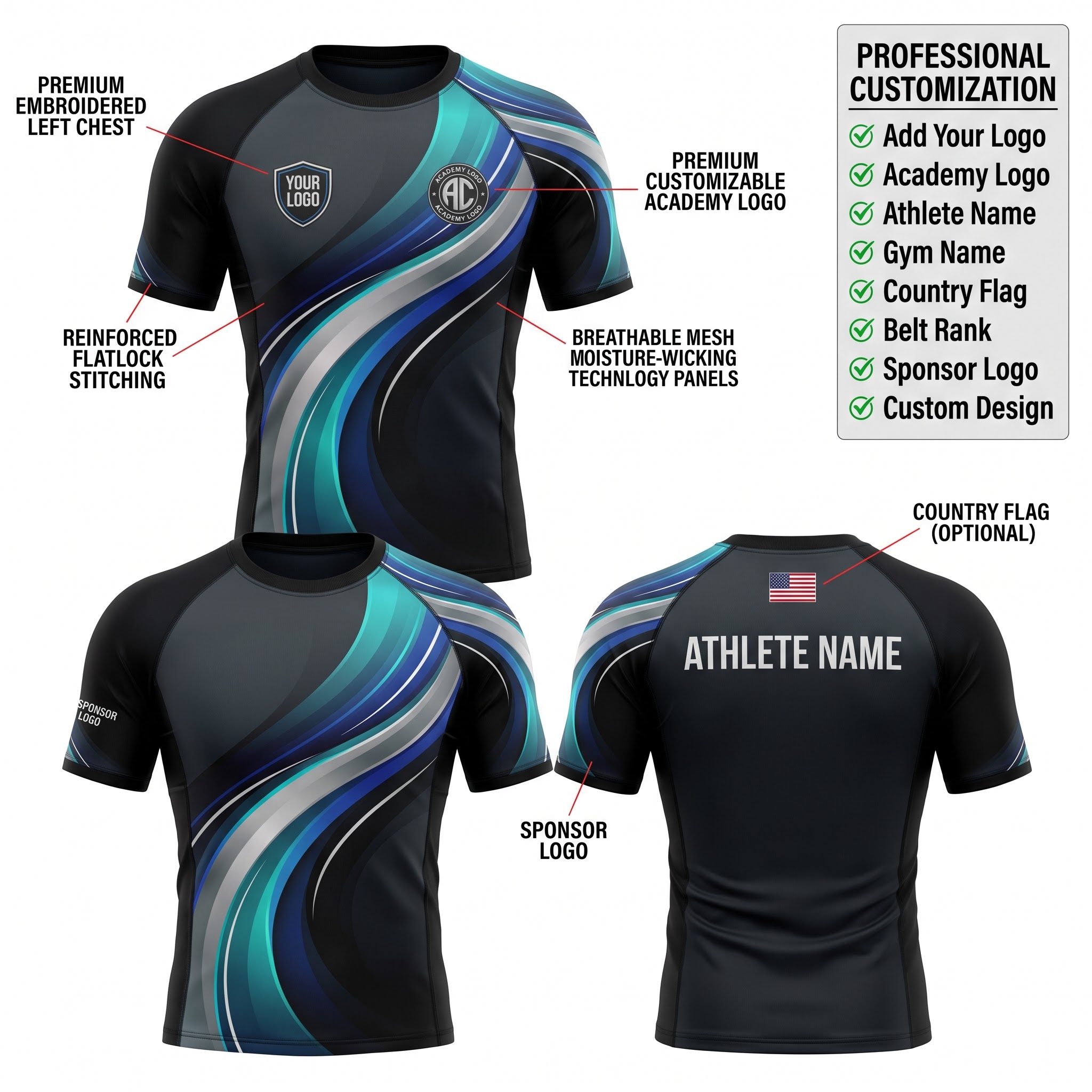 Custom BJJ Rash Guard Quantum Edge half sleeve front and back by EAZINEX Sportswear