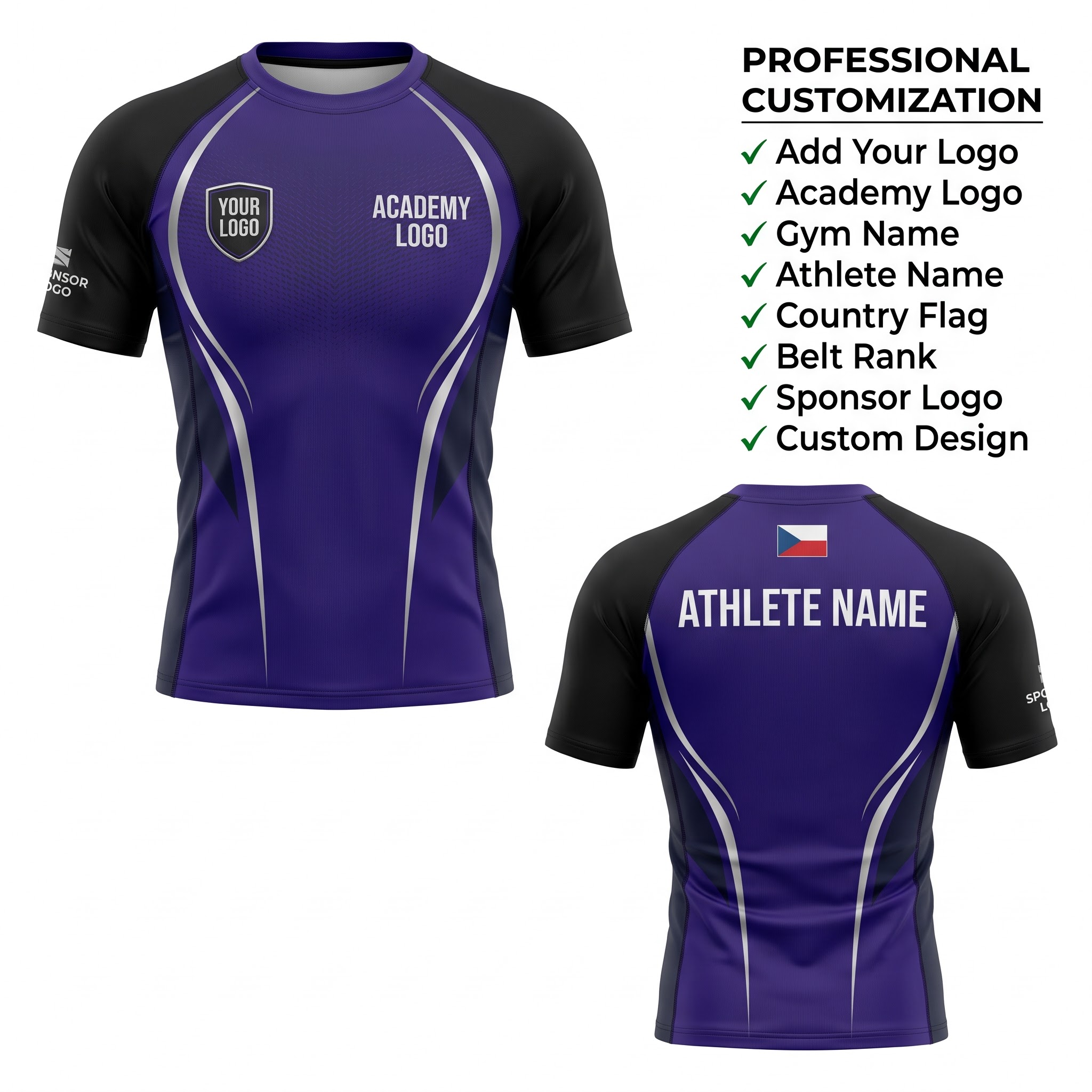 Custom BJJ Rash Guard Royal Obsidian half sleeve front and back by EAZINEX Sportswear