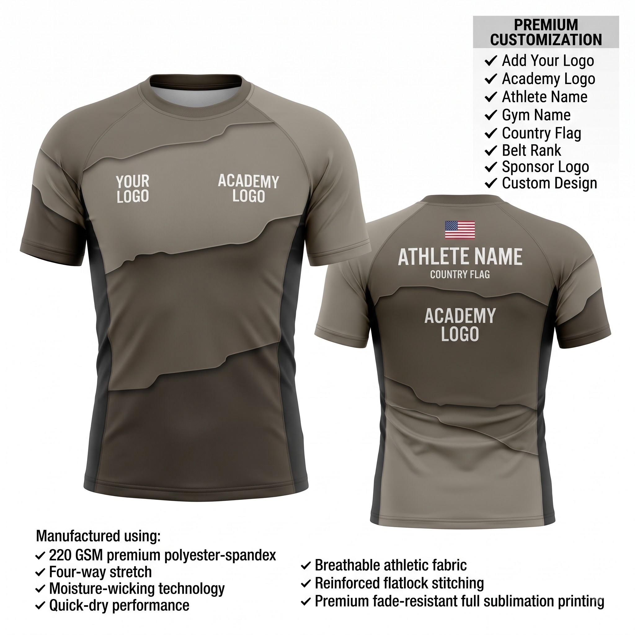 Custom BJJ Rash Guard Strata Edge olive khaki half sleeve front and back