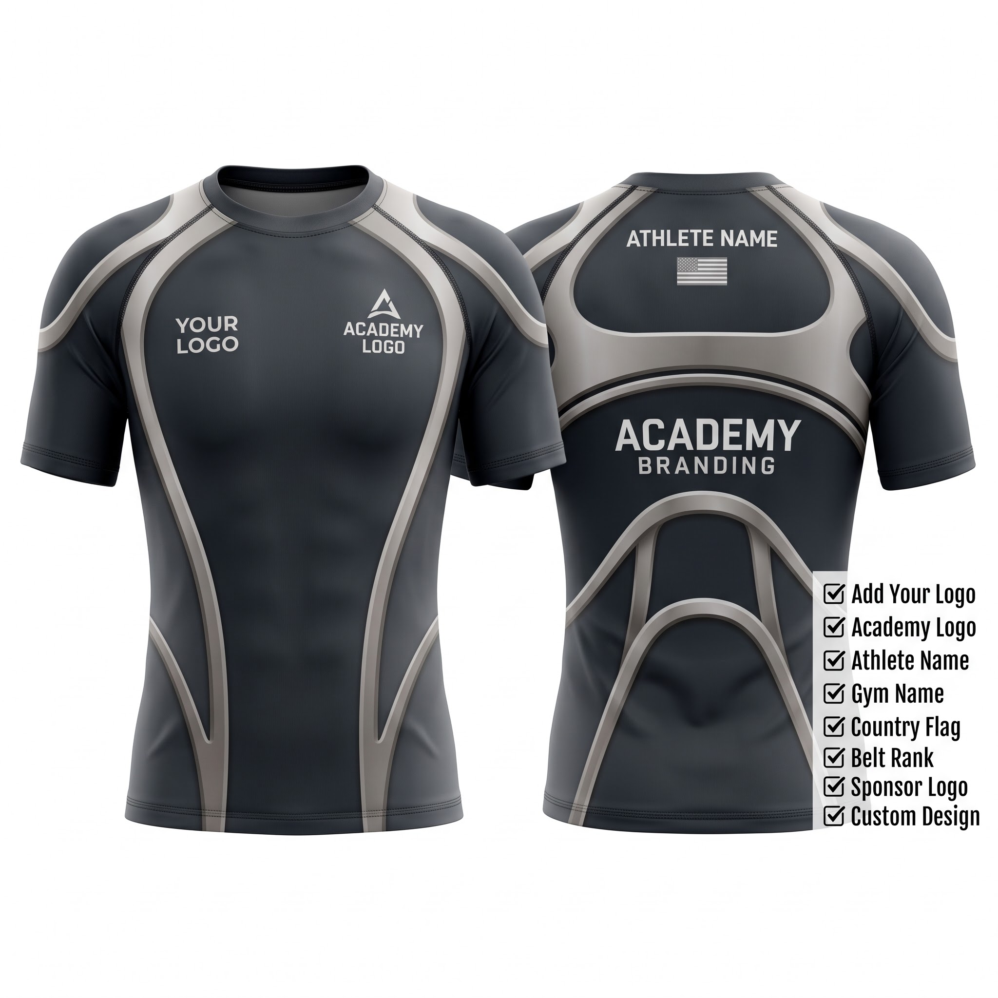 Custom BJJ Rash Guard Titanium Arc half sleeve front and back by EAZINEX Sportswear
