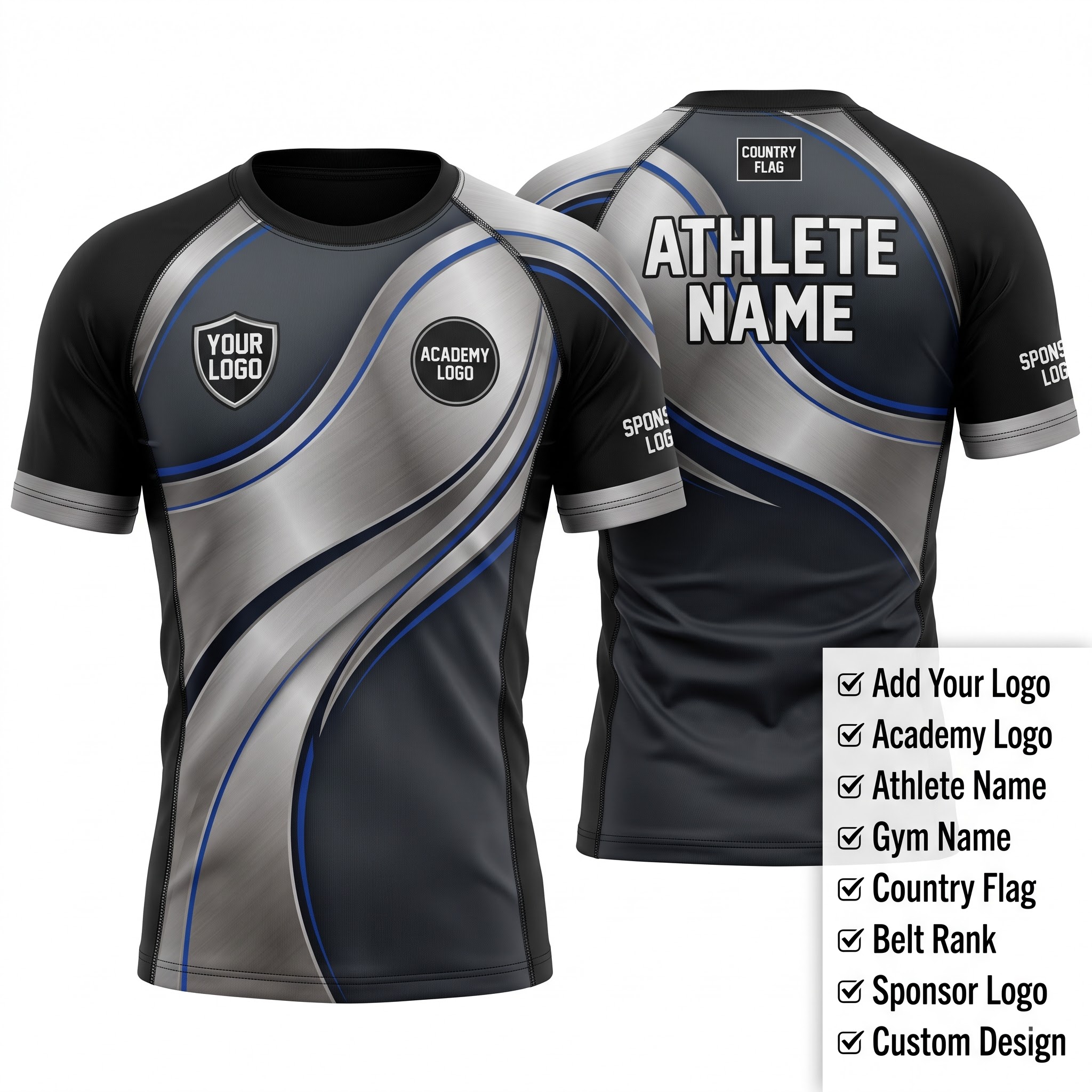 Custom BJJ Rash Guard Titanium Flow half sleeve front and back by EAZINEX Sportswear