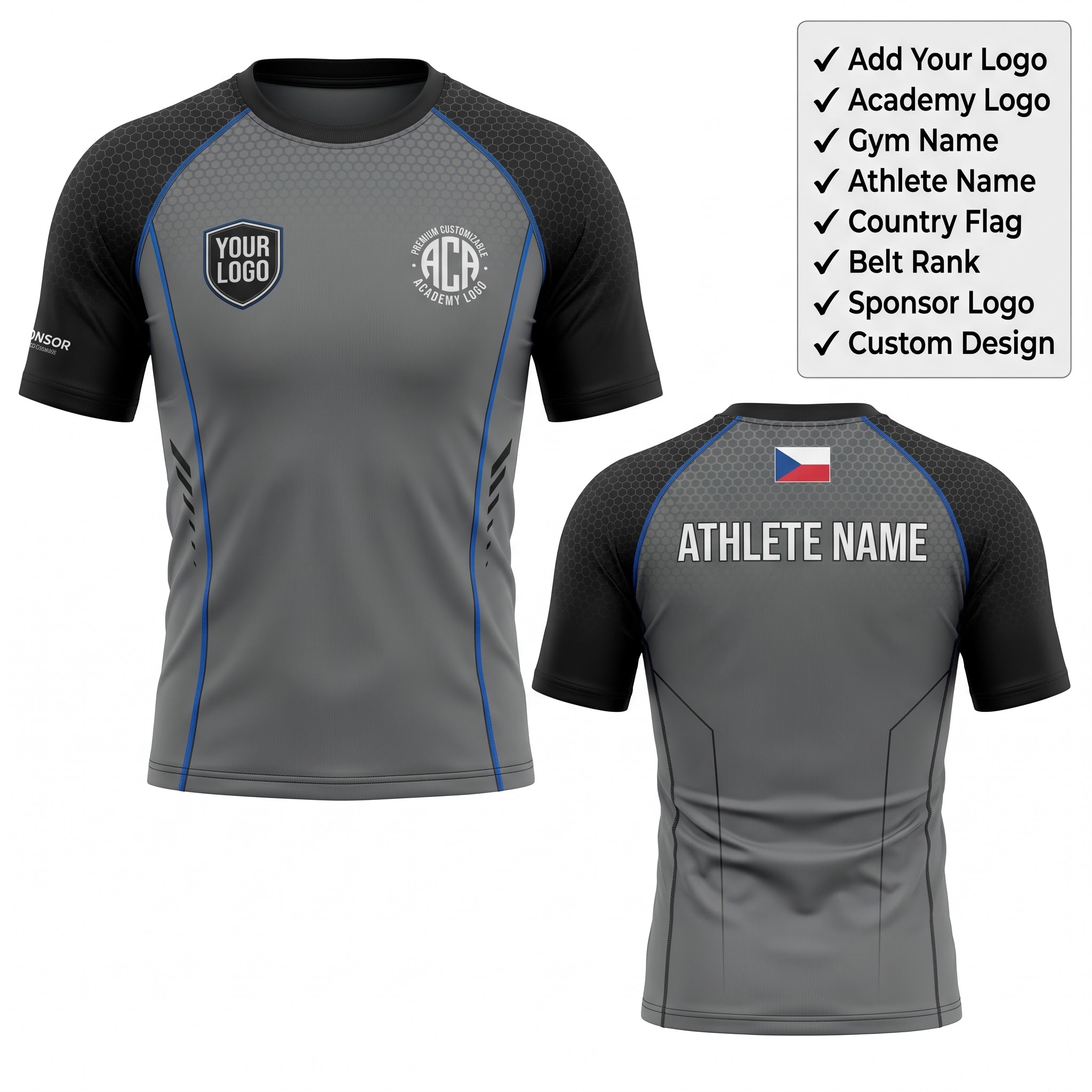 Custom BJJ Rash Guard Titanium Hex half sleeve front and back by EAZINEX Sportswear