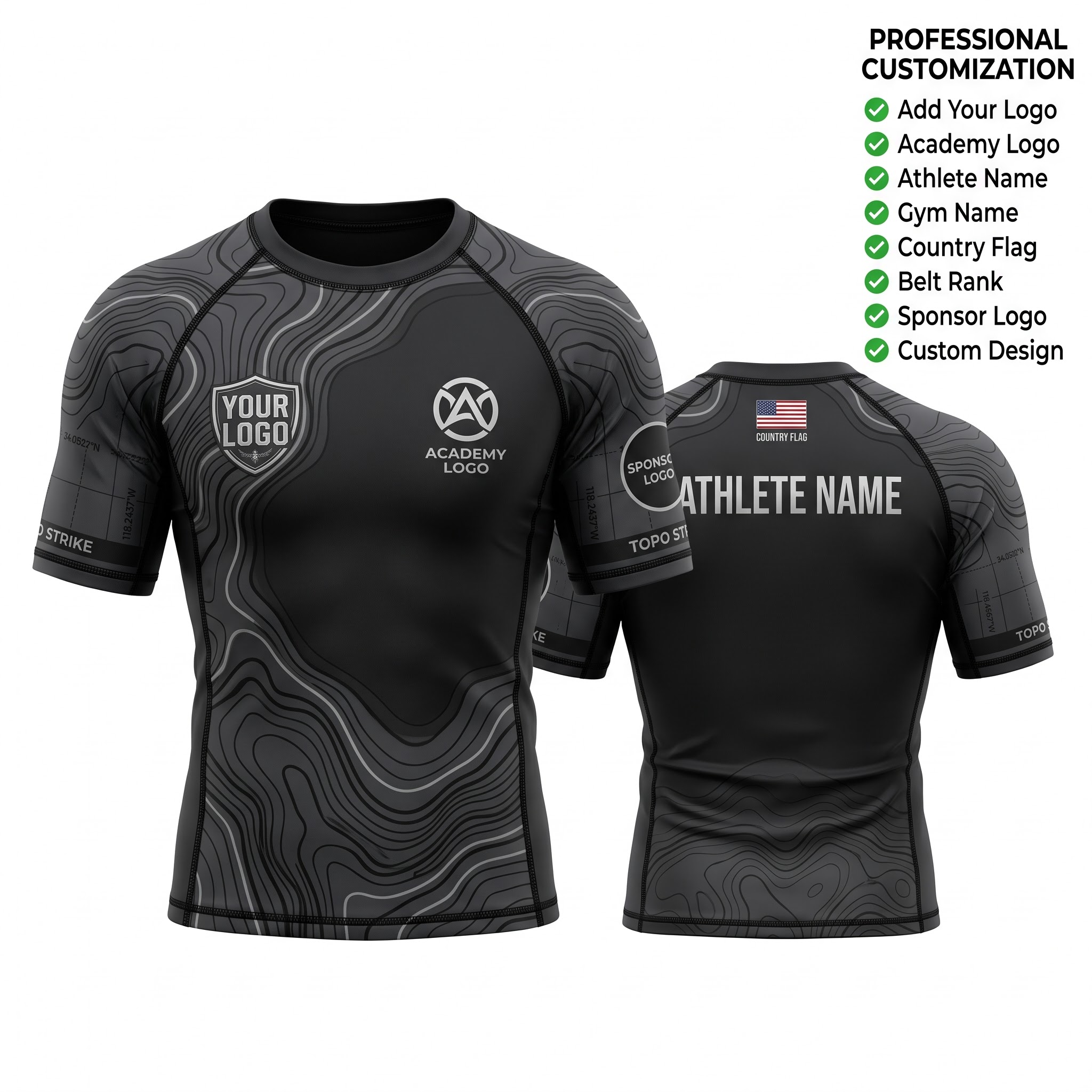 Custom BJJ Rash Guard Topo Strike half sleeve front and back by EAZINEX Sportswear