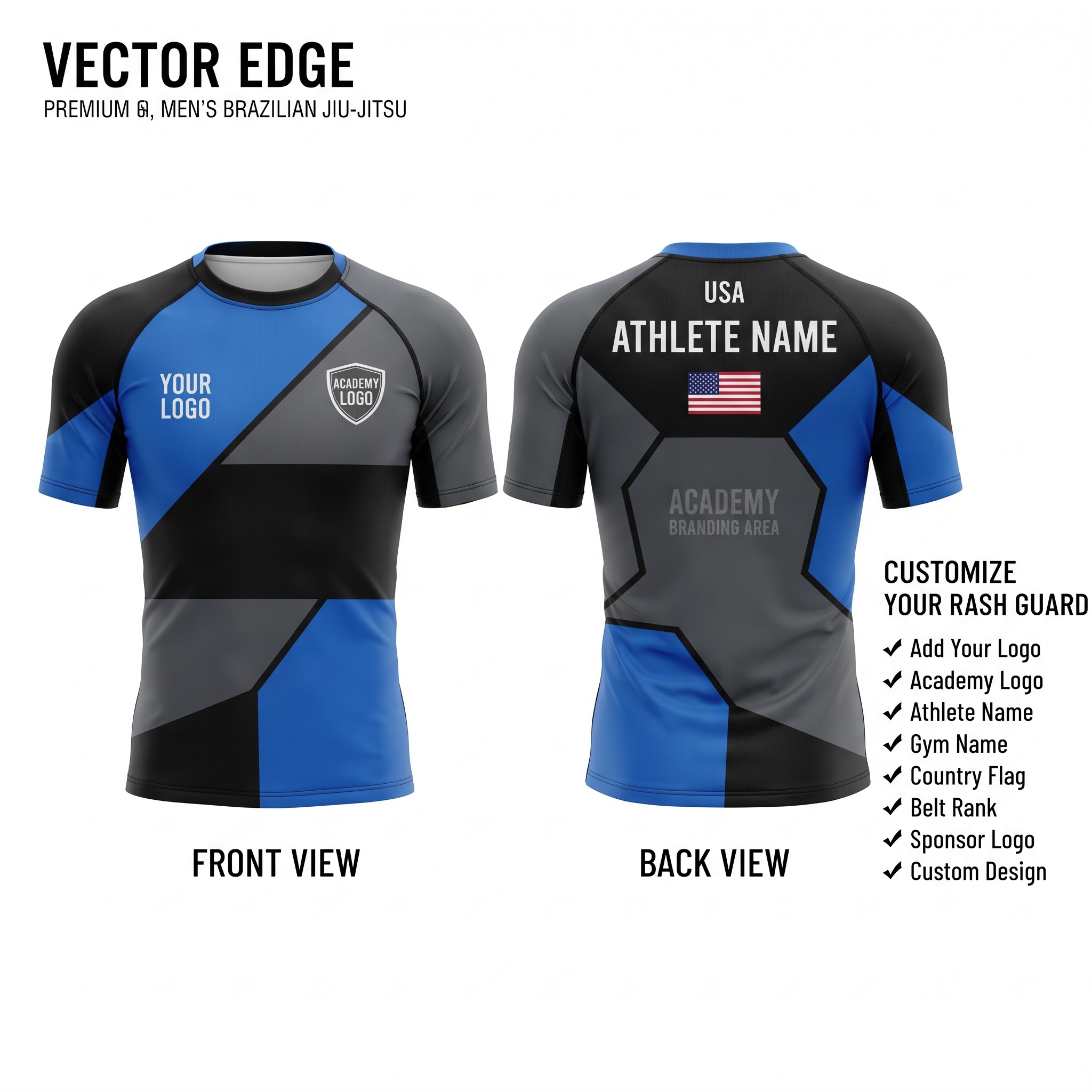 Custom BJJ Rash Guard Vector Edge half sleeve front and back by EAZINEX Sportswear