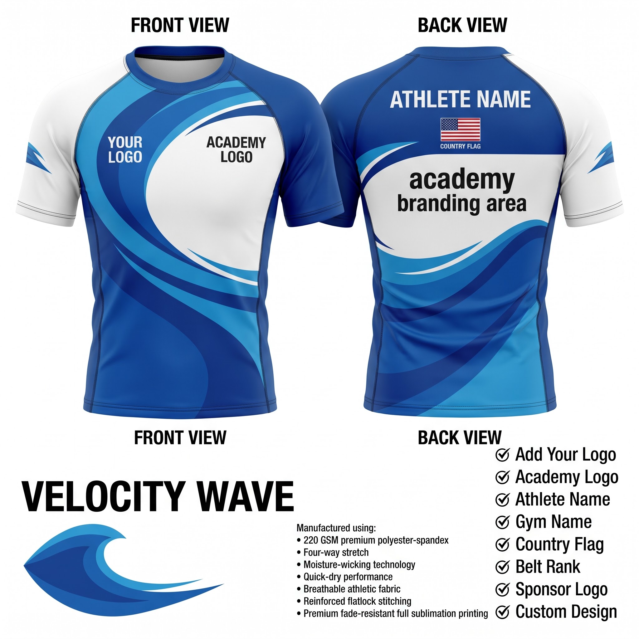 Custom BJJ Rash Guard Velocity Wave half sleeve front and back by EAZINEX Sportswear