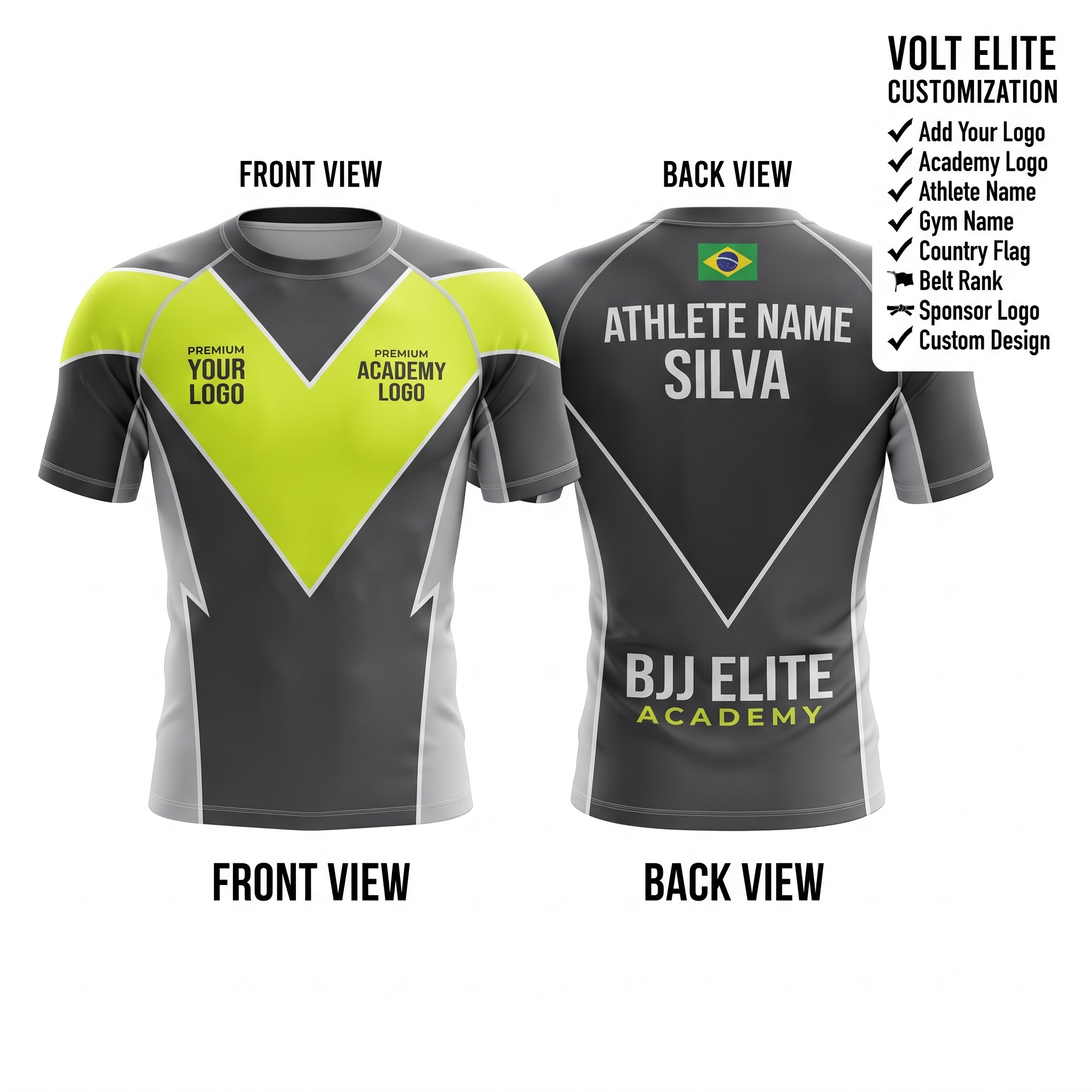 Custom BJJ Rash Guard Volt Elite half sleeve front and back by EAZINEX Sportswear