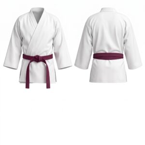 Custom Karate Gi white jacket with Deep Burgundy belt front and back