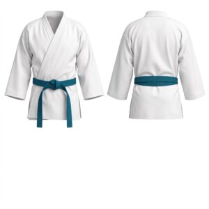Custom Karate Gi white jacket with Deep Teal belt front and back