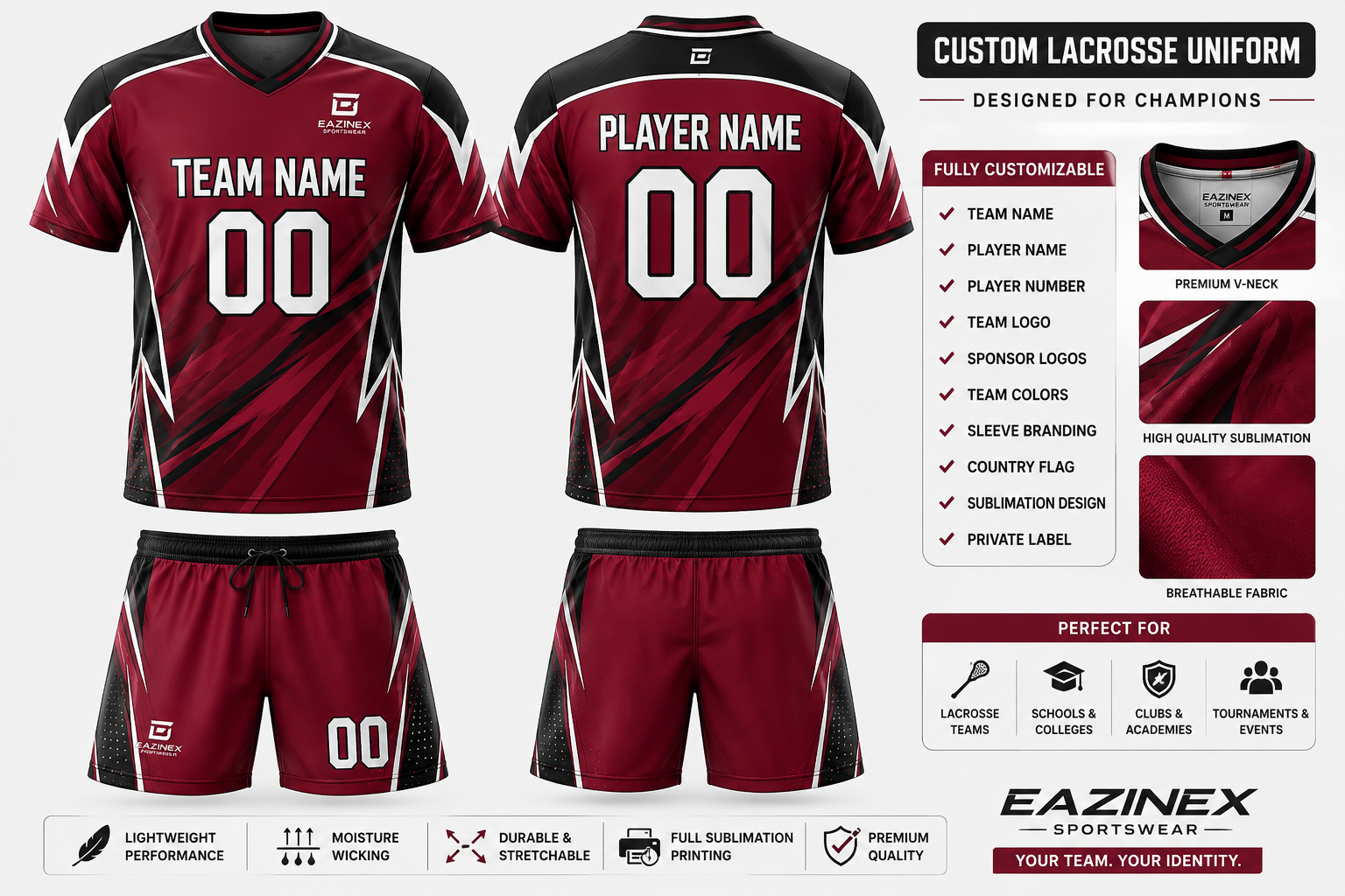 Custom Lacrosse Uniform Crimson jersey front and back