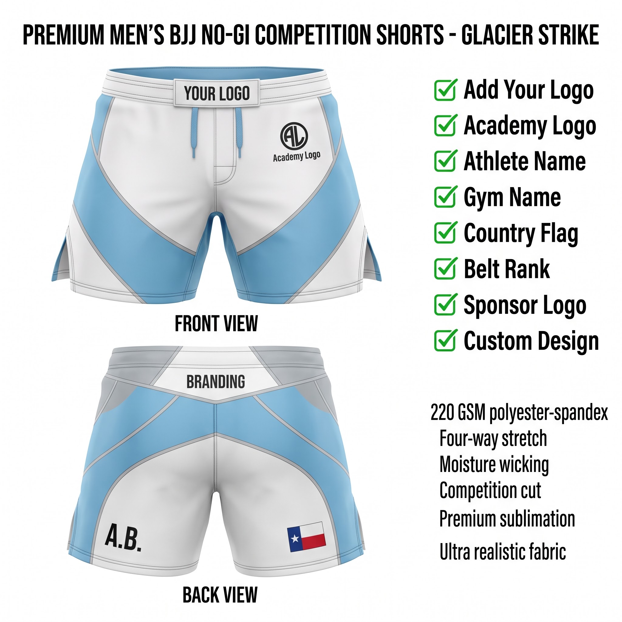 Glacier Strike No-Gi BJJ Shorts front and back by EAZINEX Sportswear