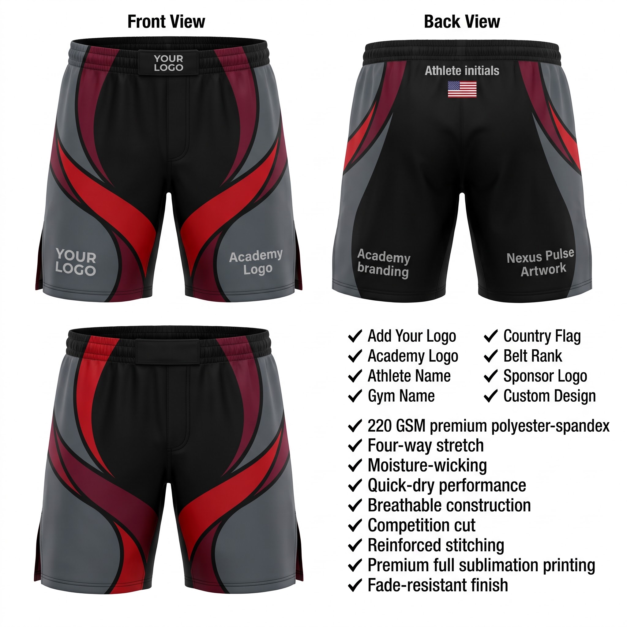 Nexus Pulse matching BJJ No-Gi Shorts front and back