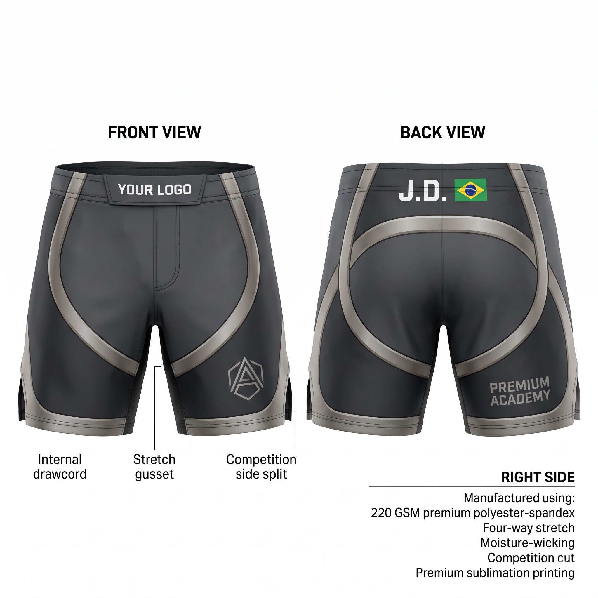 Titanium Arc No-Gi BJJ Shorts front and back by EAZINEX Sportswear